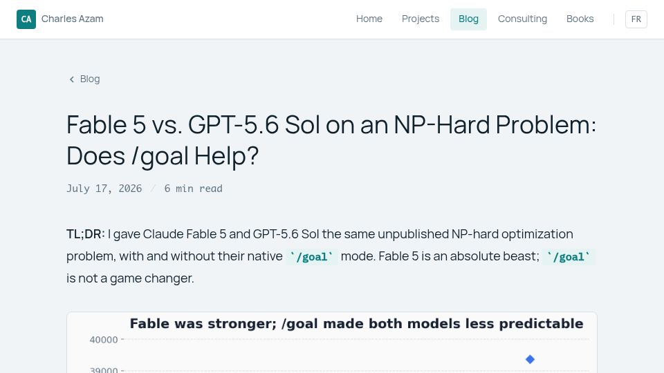 Screenshot of charlesazam.com: Fable 5 vs. GPT-5.6 Sol on an NP-Hard Problem: Does /goal help?
