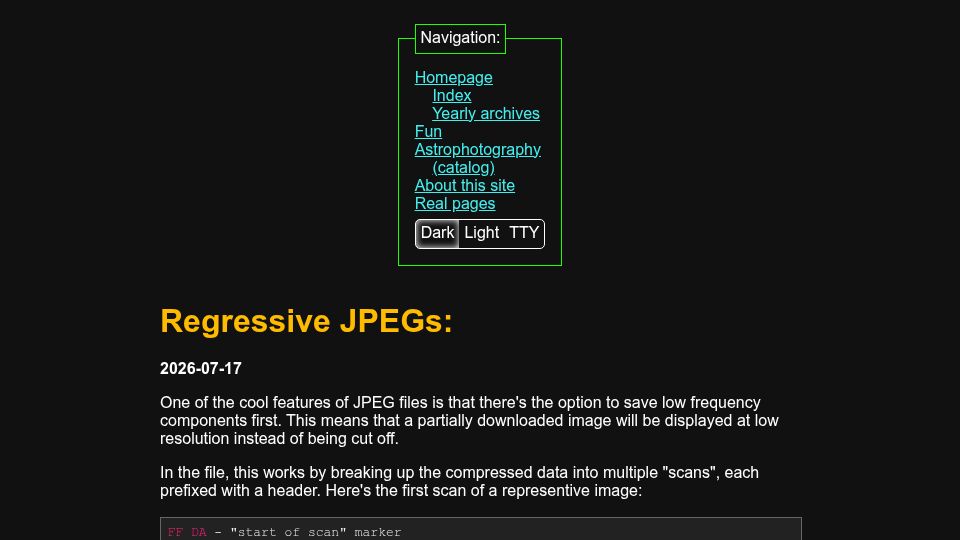 Screenshot of maurycyz.com: Regressive JPEGs