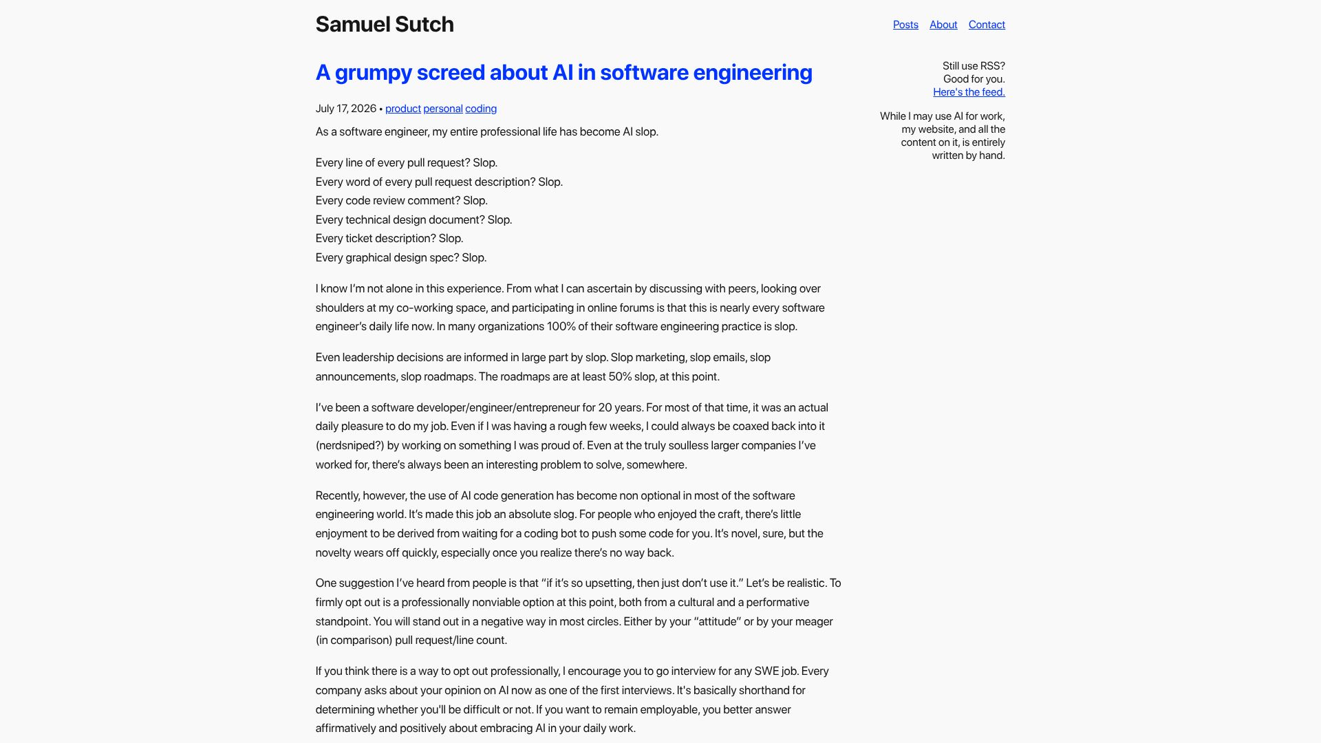 Screenshot of sam.sutch.net: A grumpy screed about AI in software engineering