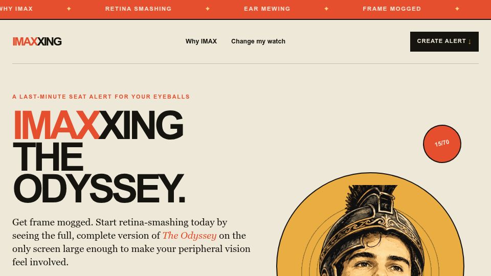 Screenshot of imaxxing.io: Show HN: Get alerts for good seats at 70mm IMAX showings of The Odyssey