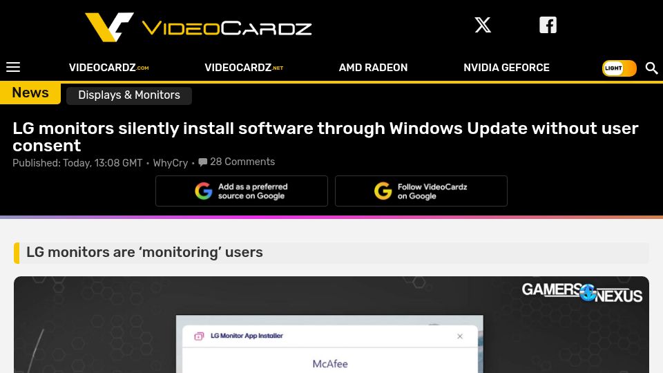 Screenshot of videocardz.com: LG monitors silently install software through Windows Update without consent