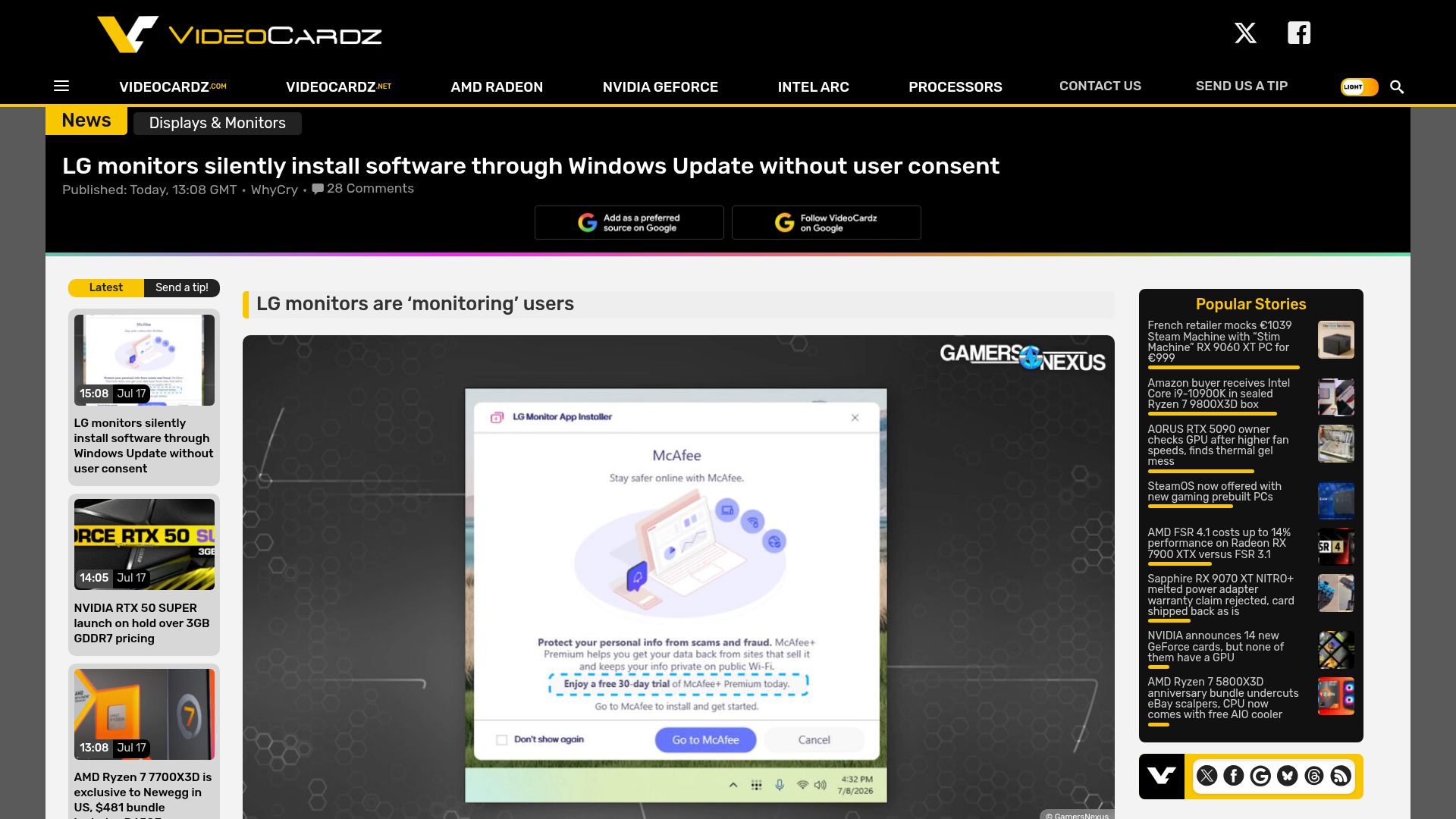 Screenshot of videocardz.com: LG monitors silently install software through Windows Update without consent