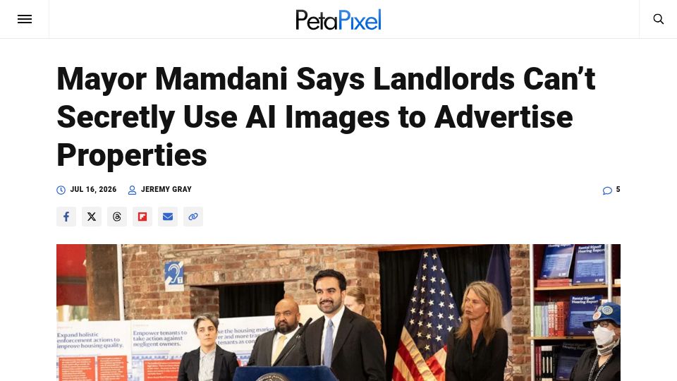 Screenshot of petapixel.com: NYC may require landlords and realtors to disclose the use of AI in listings