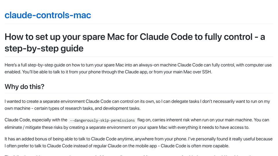 Screenshot of ykdojo.github.io: Setting up your spare Mac for Claude Code to control, a step-by-step guide