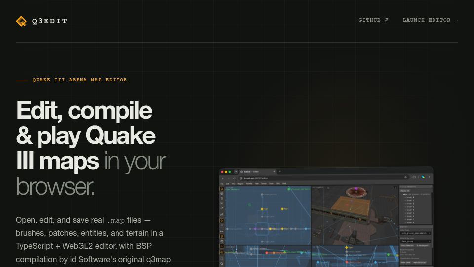 Screenshot of q3edit.com: Show HN: Q3Edit – Edit and play Quake 3 maps in the browser