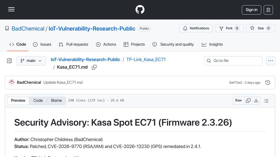Screenshot of github.com: TP-Link Kasa cameras leaked home GPS via unauthenticated UDP for 6 years