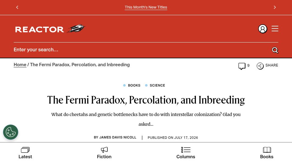 Screenshot of reactormag.com: The Fermi Paradox, Percolation, and Inbreeding