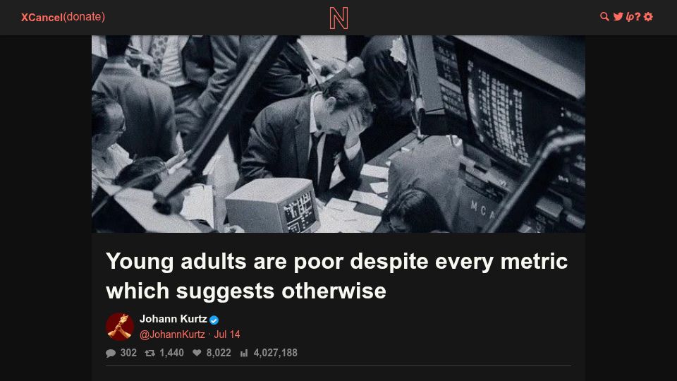 Screenshot of xcancel.com: Young adults are poor despite every metric which suggests otherwise