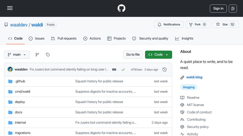 Screenshot of github.com: Waldi: A quiet place to write, and to be read