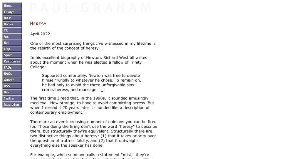 Screenshot of paulgraham.com: Heresy