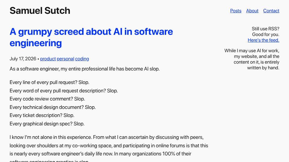 Screenshot of sam.sutch.net: A grumpy screed about AI in software engineering