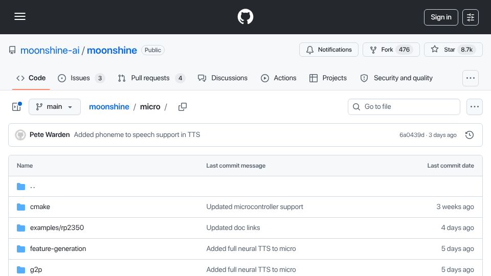 Screenshot of github.com: Speech Recognition and TTS in less than 500kb