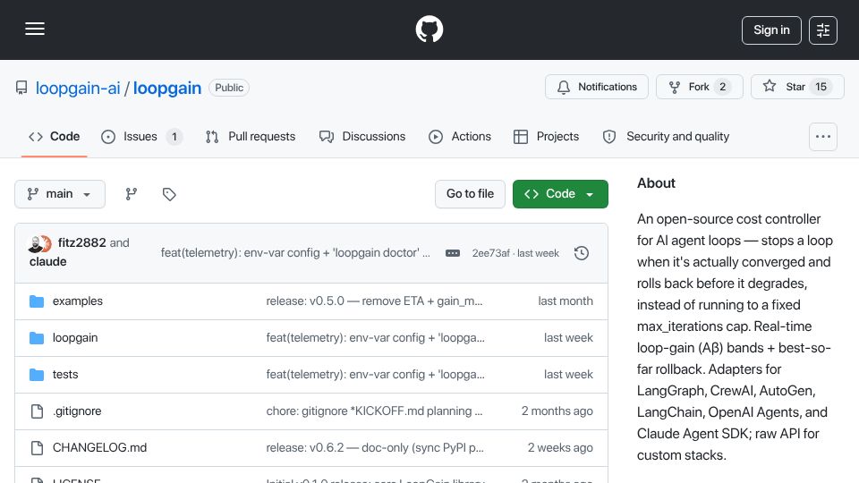 Screenshot of github.com: Show HN: LoopGain – Stop agent loops with control theory, not max_iterations