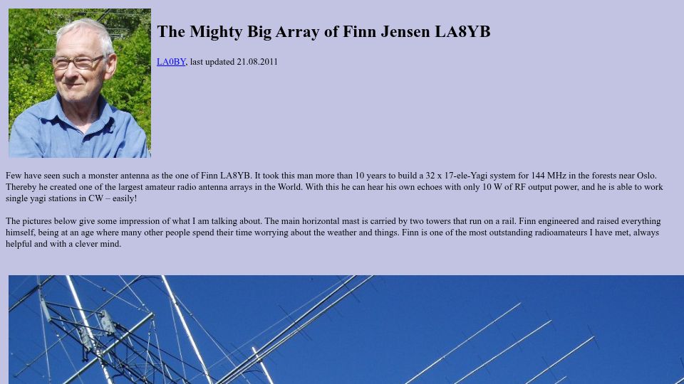 Screenshot of la0by.darc.de: The Mighty Big Array of Finn Jensen LA8YB