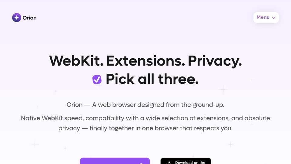 Screenshot of orionbrowser.com: Orion Browser by Kagi