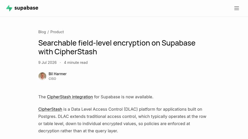 Screenshot of supabase.com: Searchable field-level encryption on Supabase with CipherStash