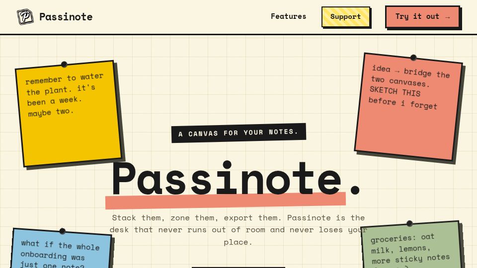 Screenshot of passinote.app: Show HN: A canvas-based note taking and organizer app