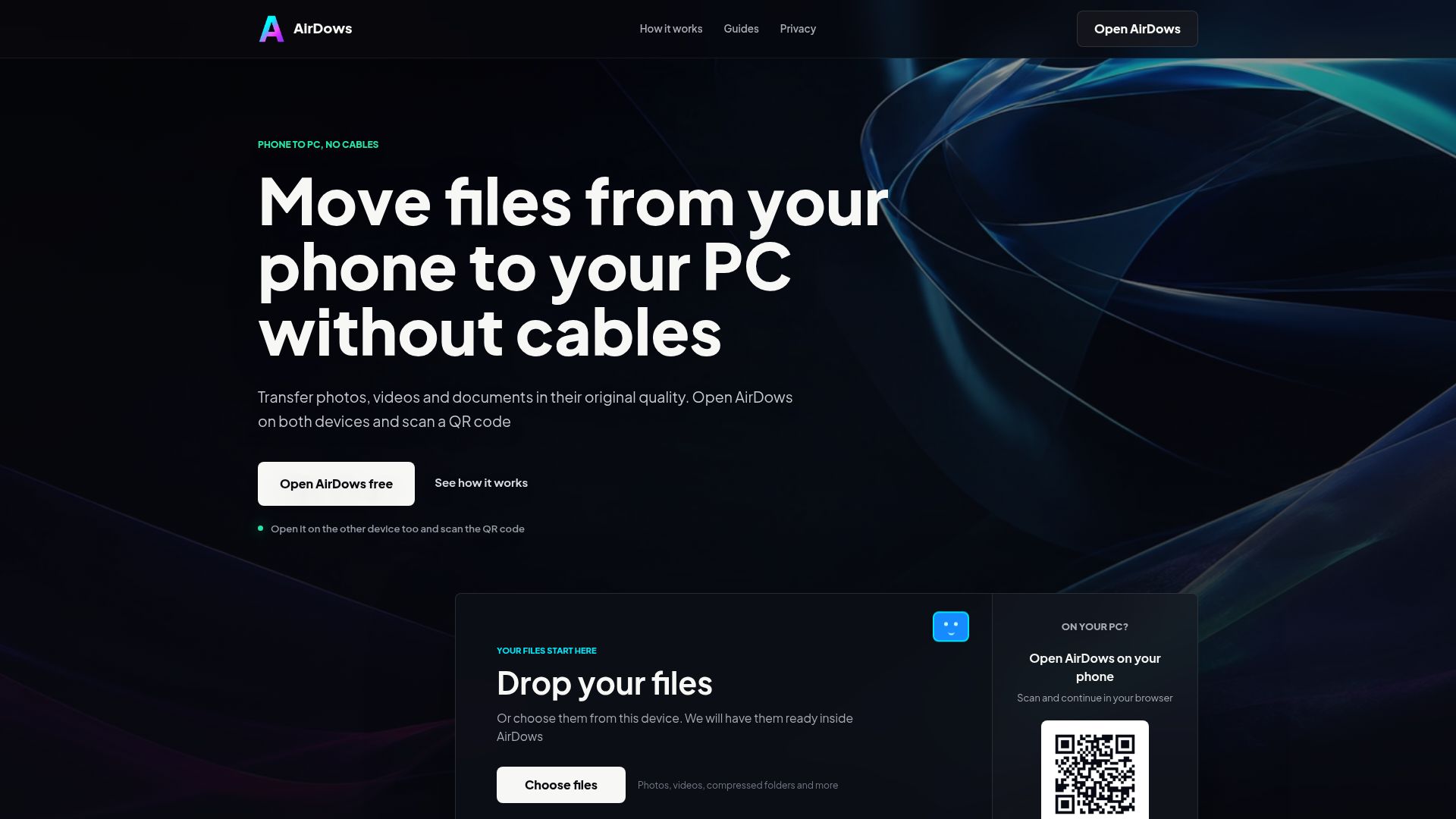 Screenshot of airdows.com: I built a browser-based P2P file transfer tool using WebRTC