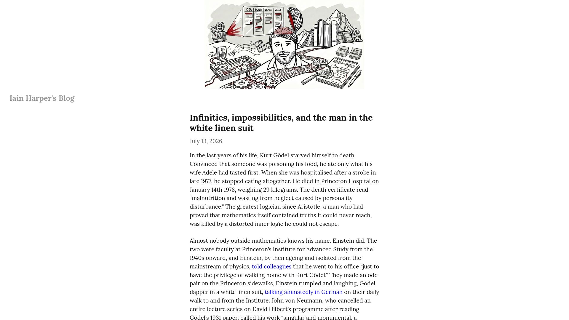 Screenshot of iain.so: Infinities, impossibilities, and the man in the white linen suit