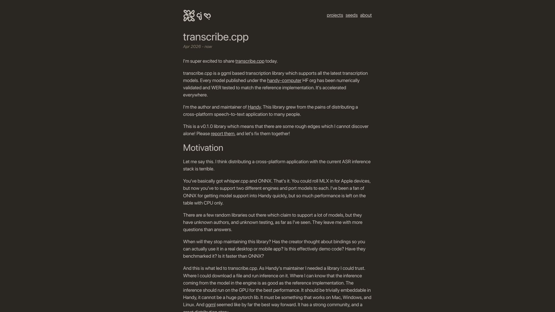 Screenshot of workshop.cjpais.com: Transcribe.cpp
