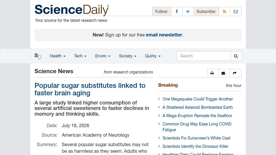 Screenshot of sciencedaily.com: Popular sugar substitutes linked to faster brain aging