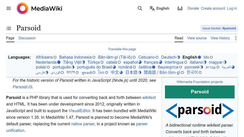Screenshot of mediawiki.org: Parsoid