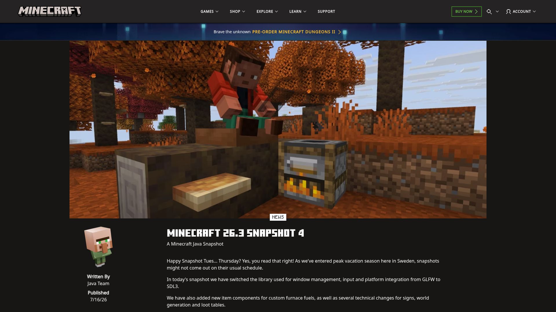 Screenshot of minecraft.net: Minecraft: Java Edition now uses SDL3