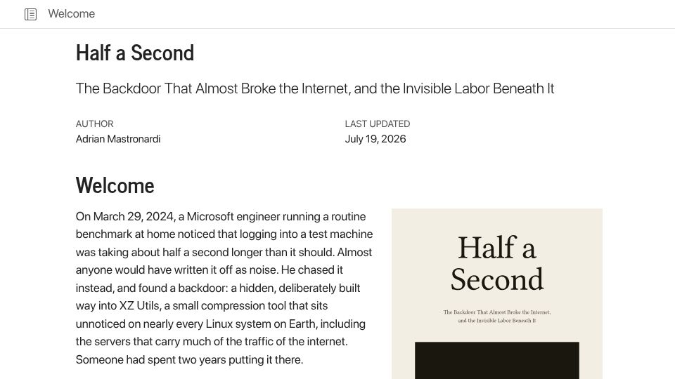 Screenshot of half-second.com: Half a Second – a book about the XZ backdoor