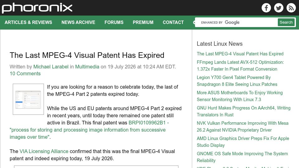Screenshot of phoronix.com: The Last MPEG-4 Visual Patent Has Expired