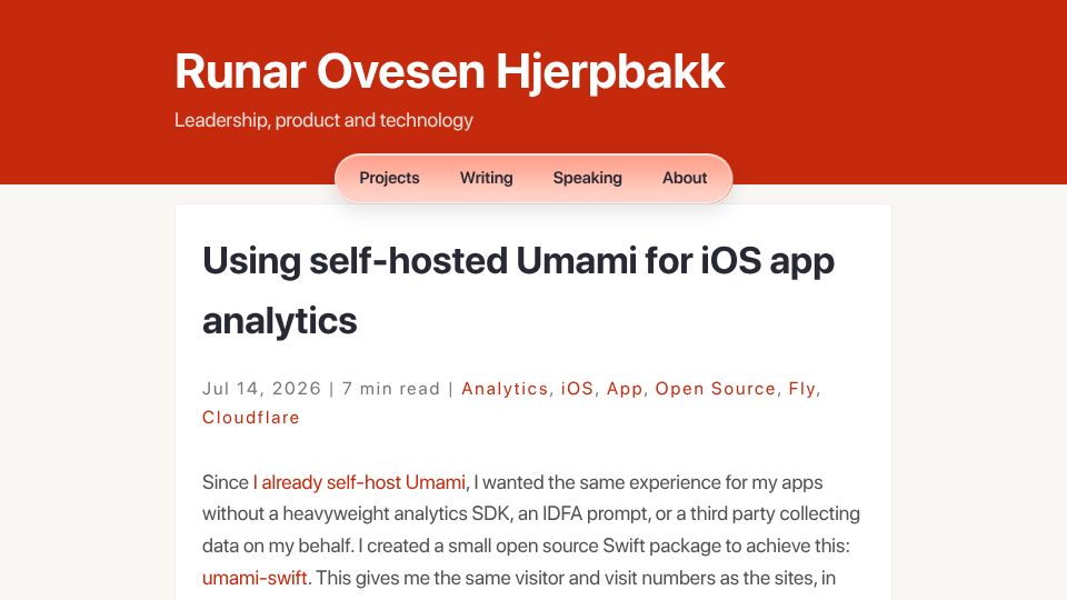 Screenshot of hjerpbakk.com: Using self-hosted Umami for iOS app analytics