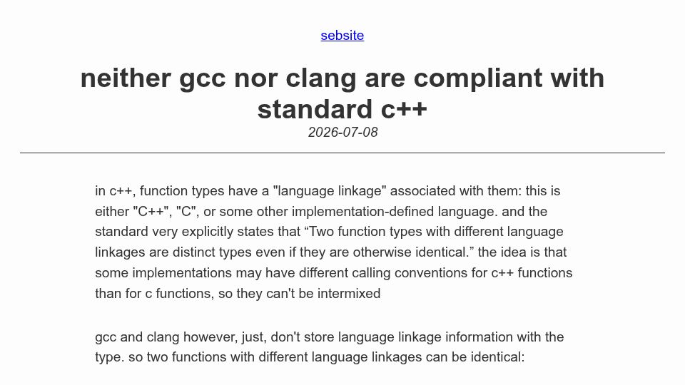 Screenshot of sebsite.pw: Neither GCC nor Clang are compliant with standard C++