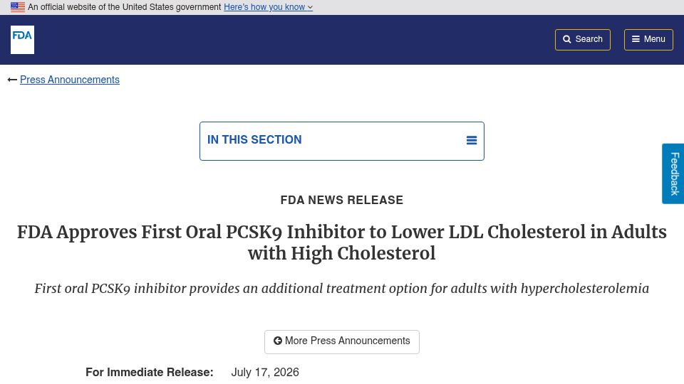 Screenshot of fda.gov: FDA approves new kind of cholesterol pill