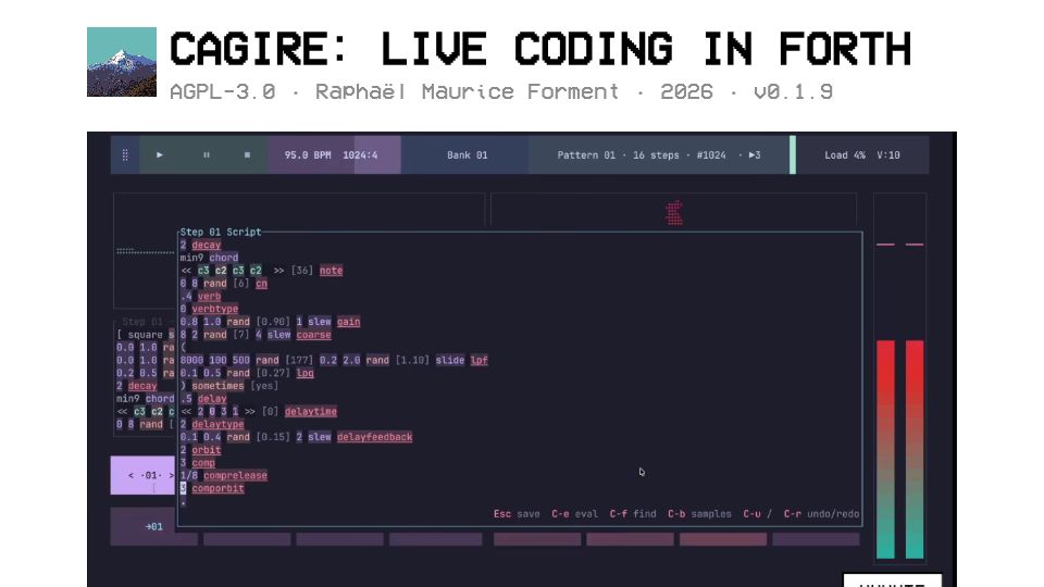 Screenshot of cagire.raphaelforment.fr: Cagire: Live Coding in Forth