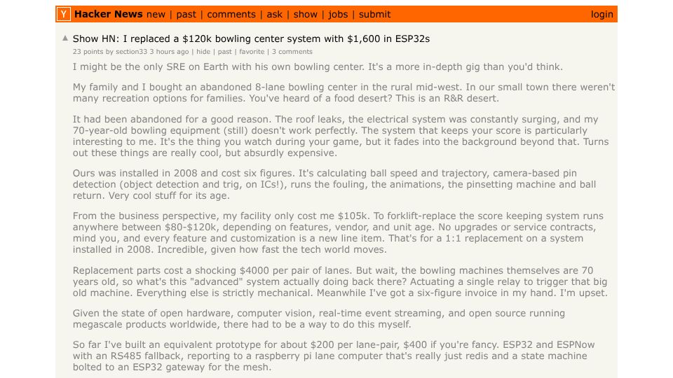 Screenshot of Hacker News post: Show HN: I replaced a $120k bowling center system with $1,600 in ESP32s