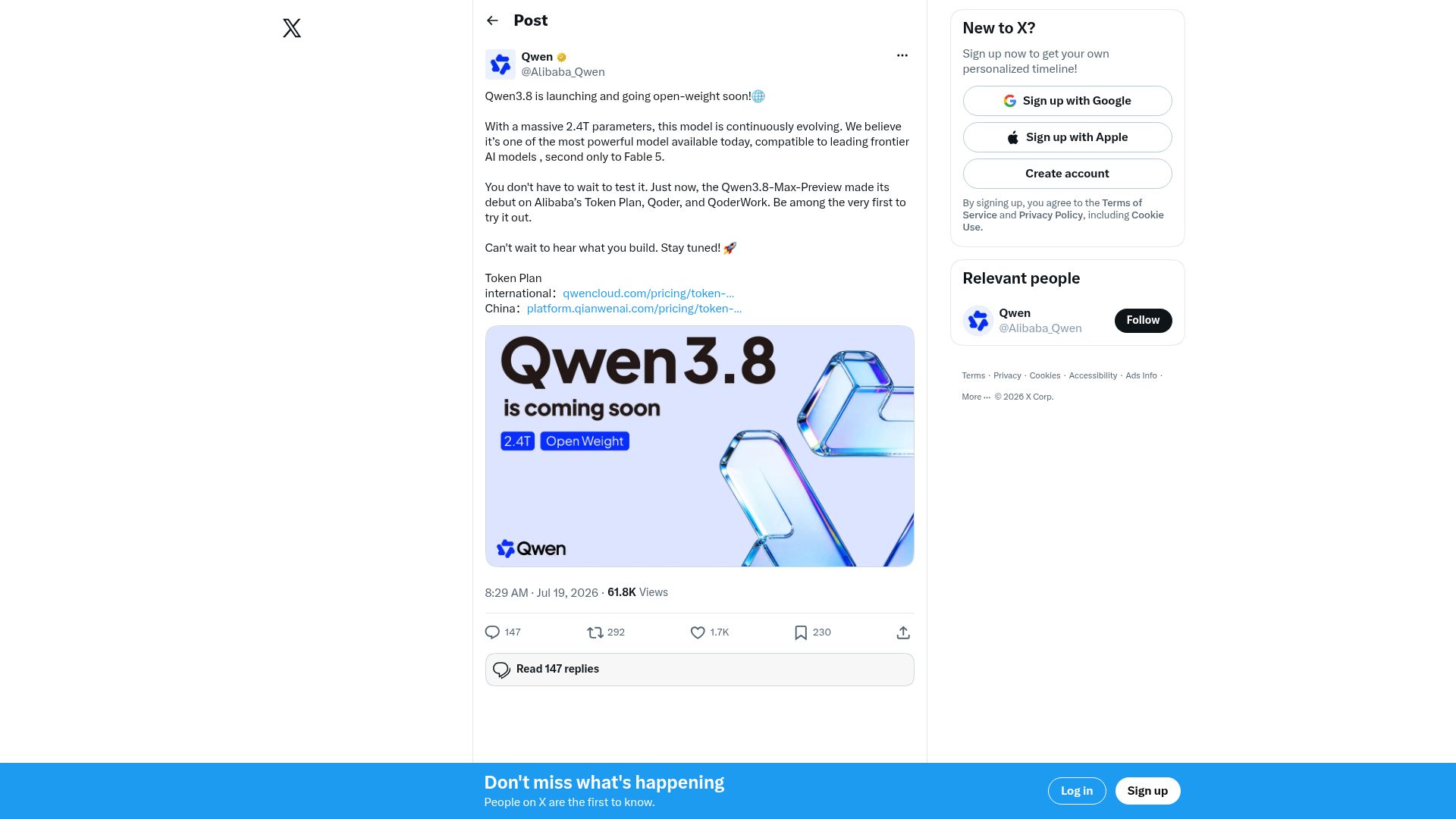 Screenshot of twitter.com: Qwen 3.8