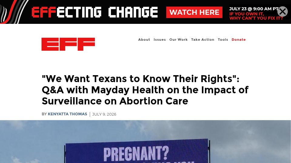Screenshot of eff.org: We want Texans to know their rights