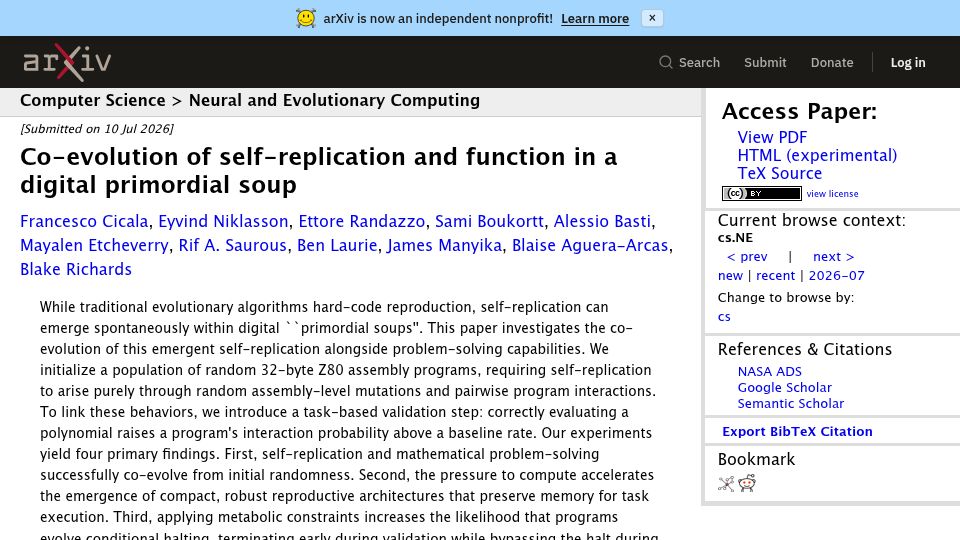 Screenshot of arxiv.org: Co-evolution of self-replication and function in a digital primordial soup