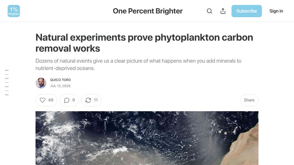 Screenshot of onepercentbrighter.com: Natural experiments prove phytoplankton carbon removal works