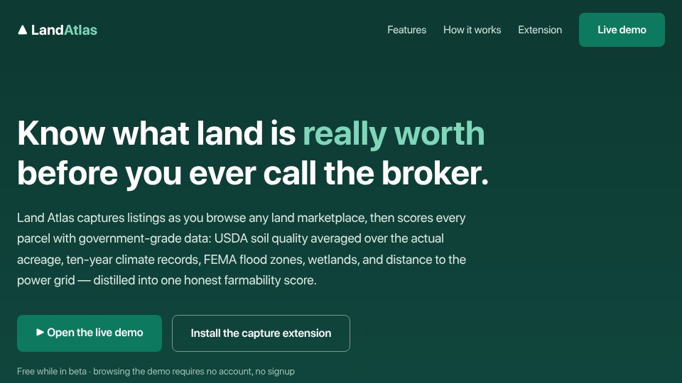 Screenshot of land-atlas-production.up.railway.app: Land Atlas – soil, farmability, and crop analysis for land listings