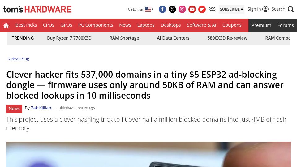 Screenshot of tomshardware.com: Clever hacker fits 537,000 domains in a $5 ESP32 ad-blocking dongle