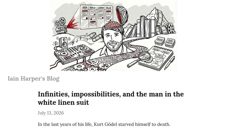 Screenshot of iain.so: Infinities, impossibilities, and the man in the white linen suit