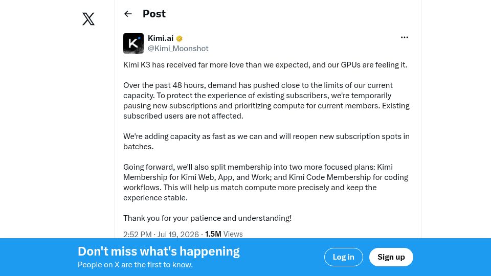 Screenshot of twitter.com: Moonshot AI suspends new subscriptions due to Kimi K3 demand