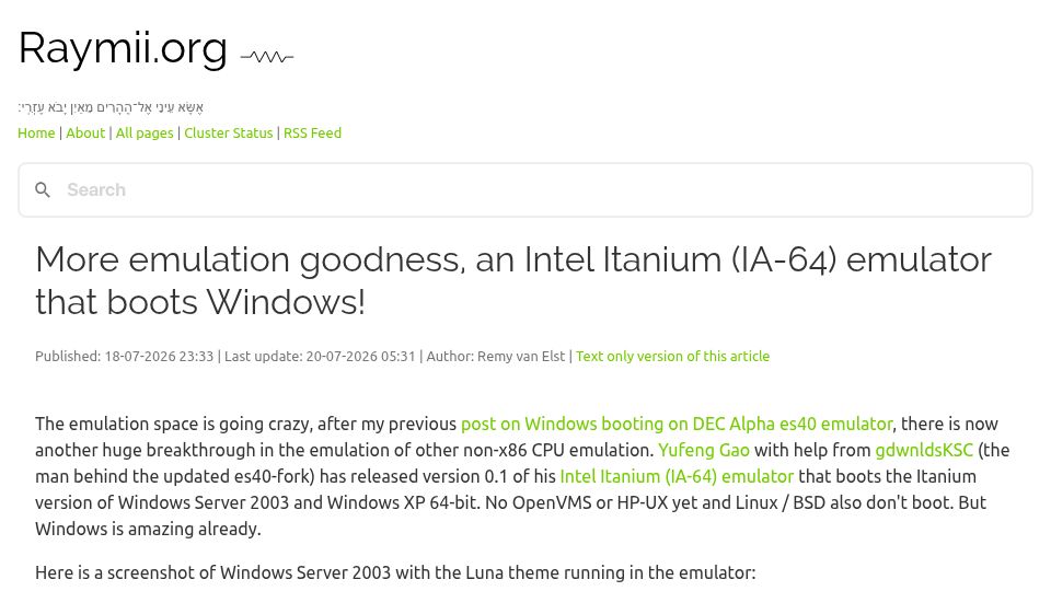 Screenshot of raymii.org: A new Intel Itanium (IA-64) emulator that boots Windows