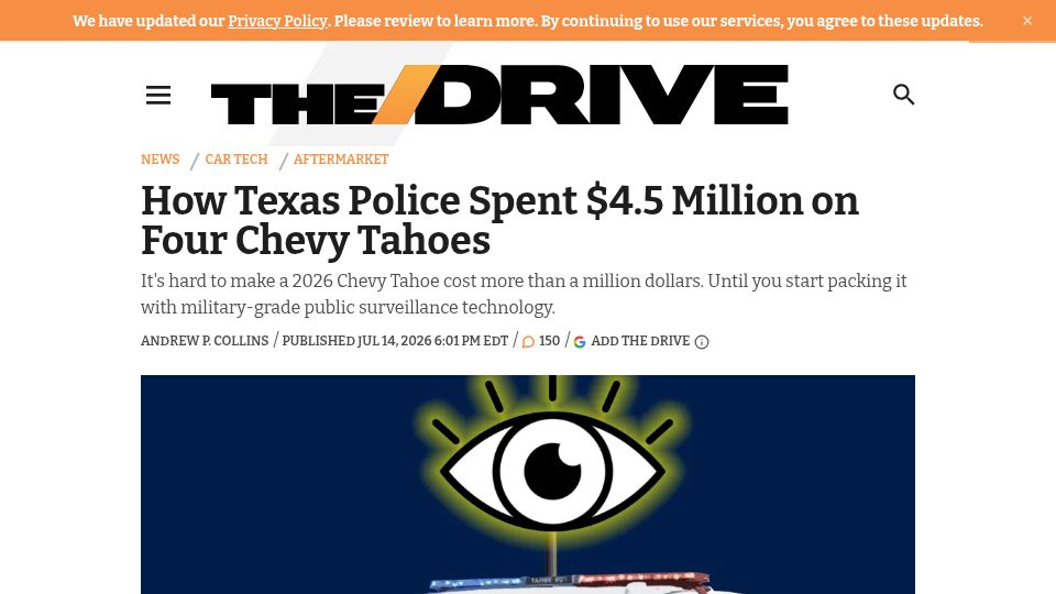Screenshot of thedrive.com: Texas Police Spent $4.5M on Four Chevy Tahoes
