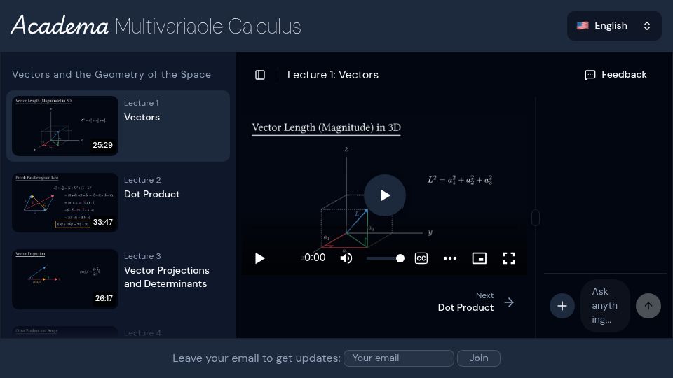 Screenshot of calculus.academa.ai: LLM-Integrated Multivariable Calculus Course