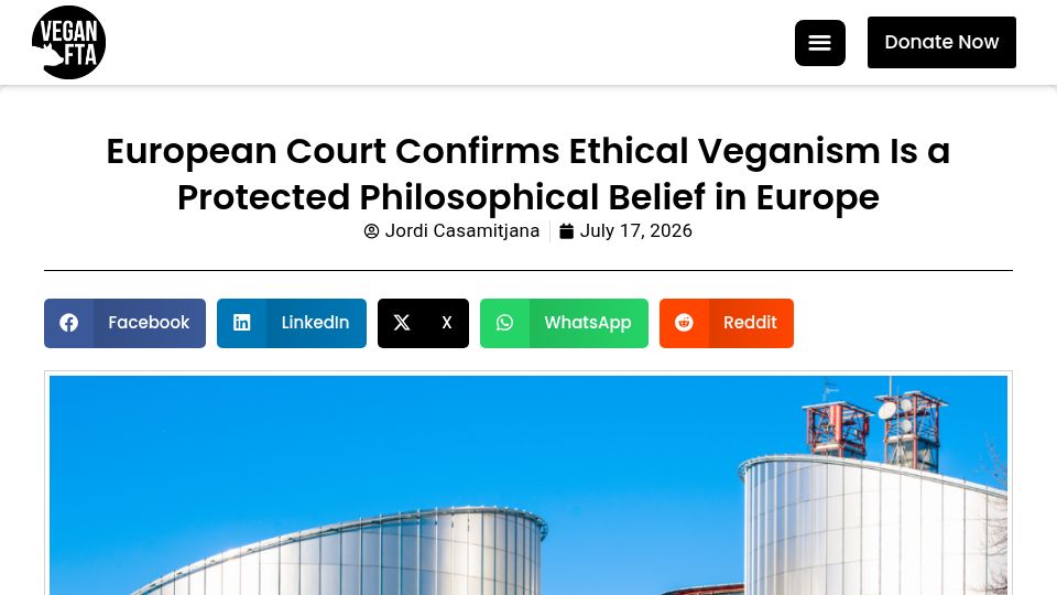 Screenshot of veganfta.com: ECHR confirms ethical veganism is a protected philosophical belief