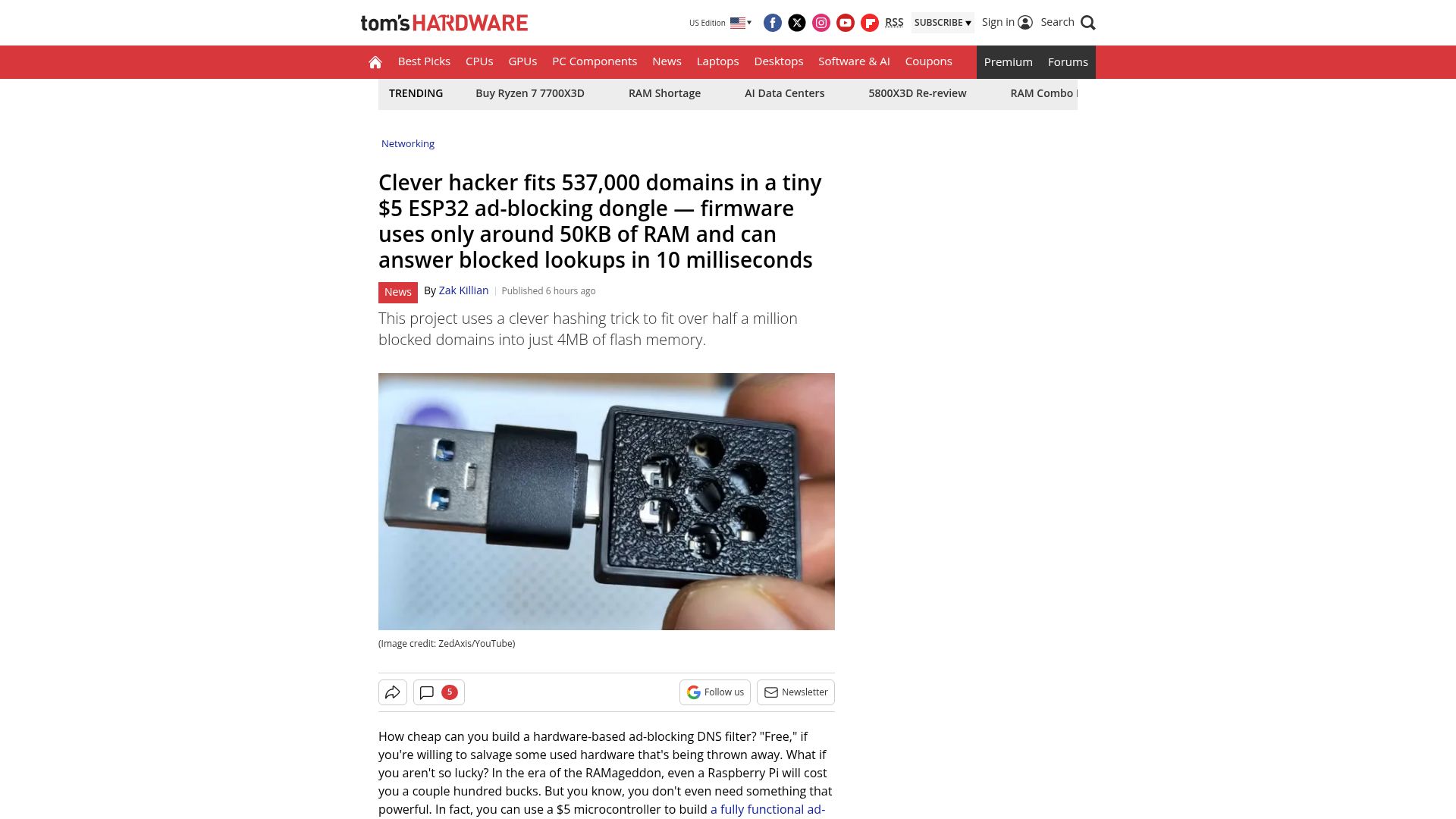 Screenshot of tomshardware.com: Clever hacker fits 537,000 domains in a $5 ESP32 ad-blocking dongle