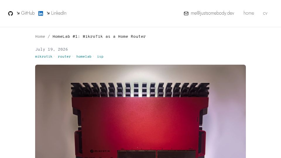 Screenshot of justsomebody.dev: HomeLab #1: MikroTik as a Home Router