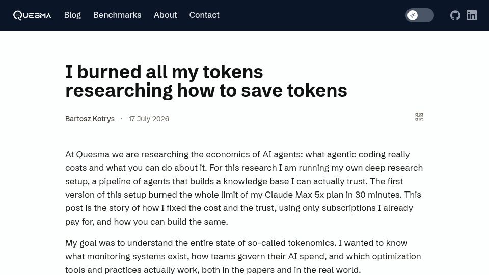 Screenshot of quesma.com: I burned all my tokens researching how to save tokens