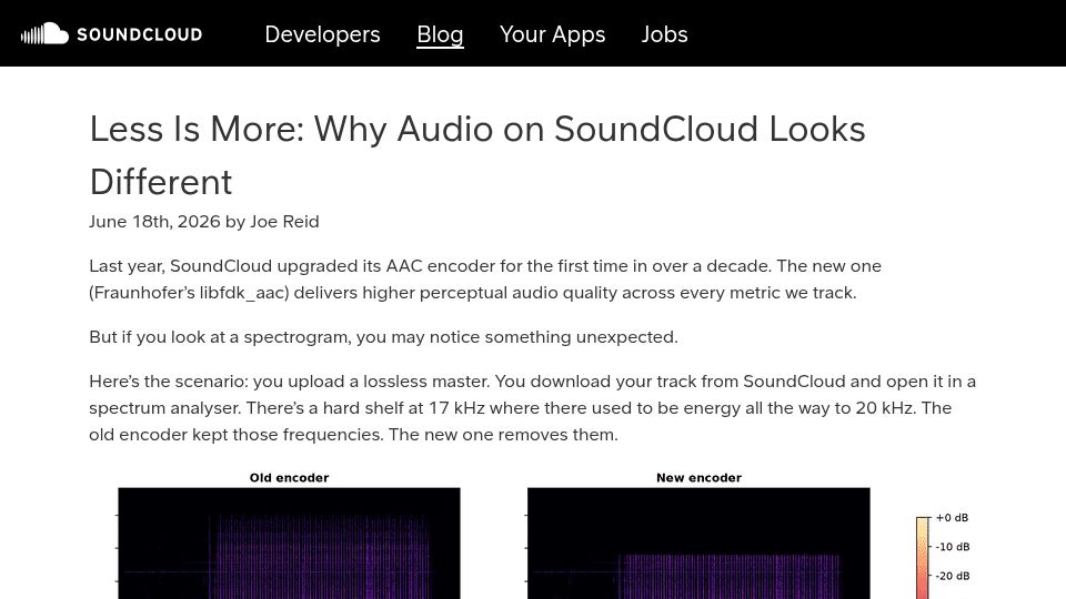 Screenshot of developers.soundcloud.com: Less Is More: Why Audio on SoundCloud Looks Different